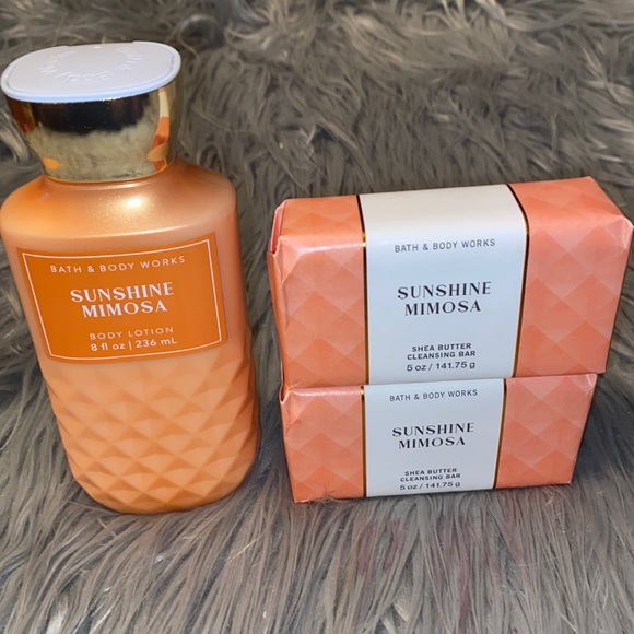 SOLD New B&BW Sunshine Mimosa Shea Moisture Bar Soap & Body Lotion Bundle of 3 - Picture 1 of 5